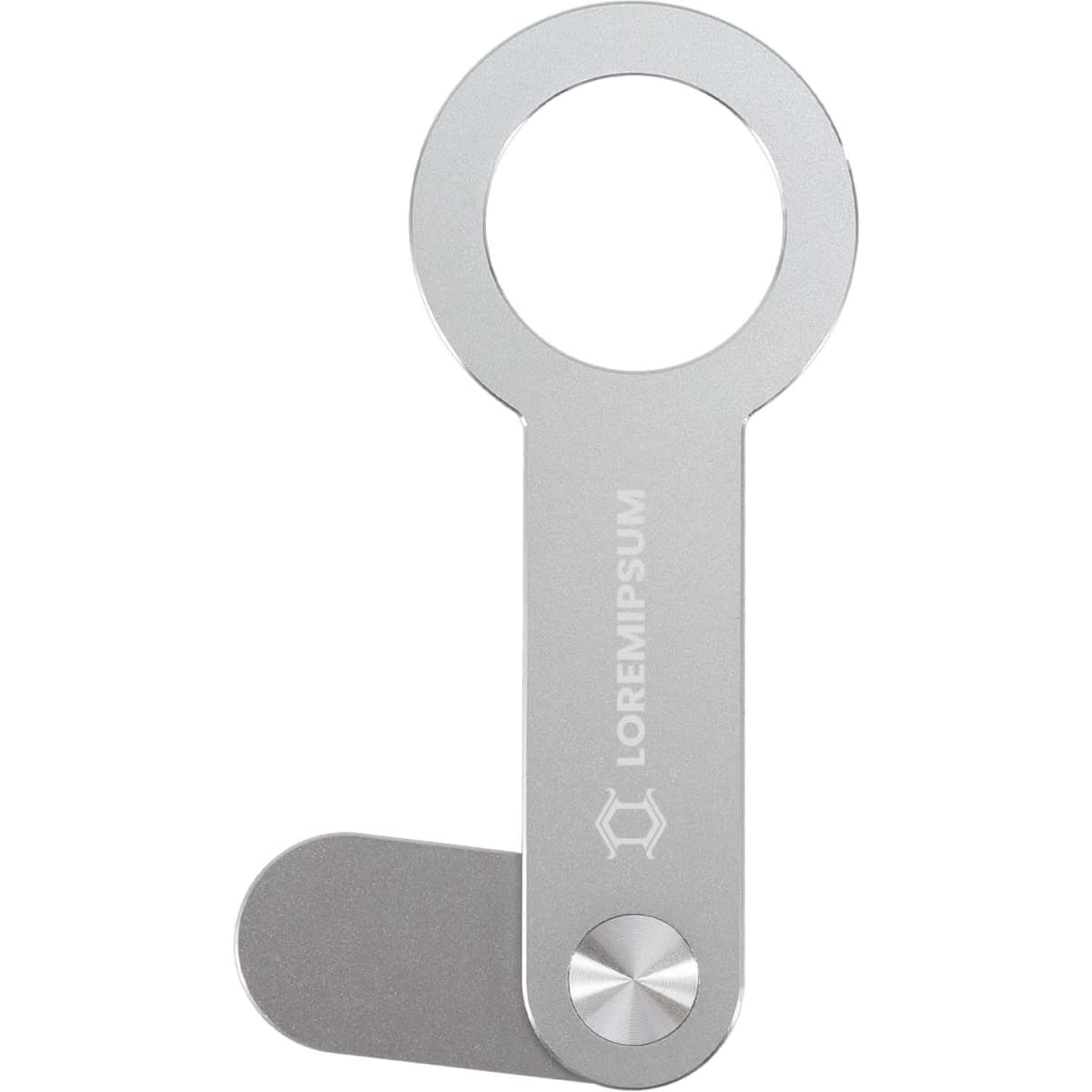 A silver Alu Magnetic Phone Holder for Laptop with a circular opening and sleek design, featuring a small logo.