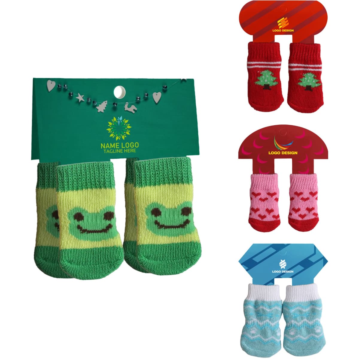 Four pairs of pet socks in various designs and colours: green with a smiley face, red with trees, pink with hearts, and blue with patterns.