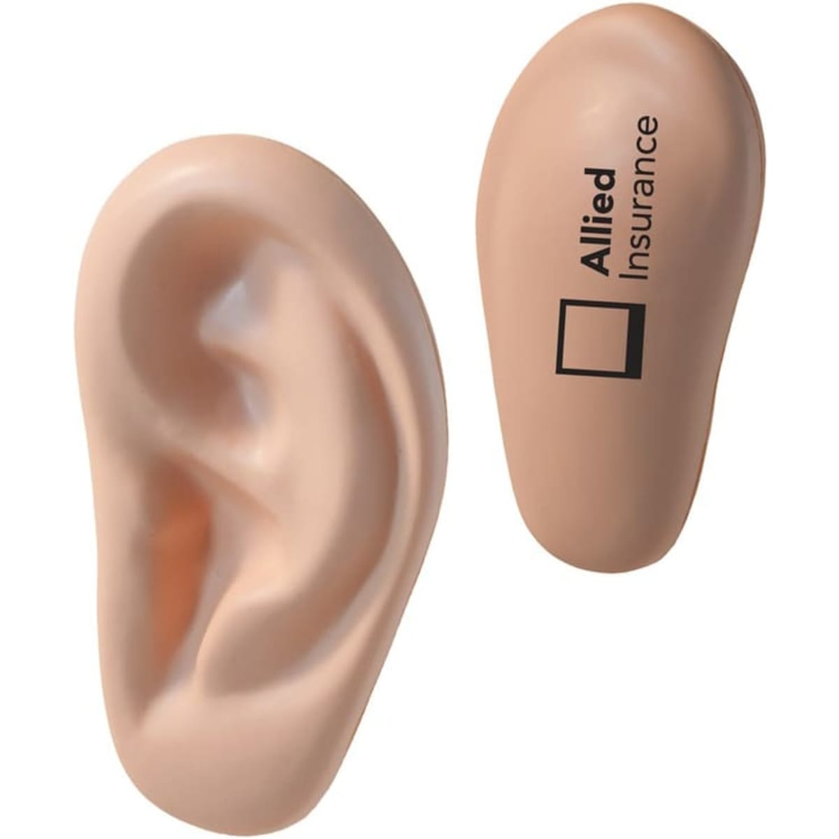 An ear-shaped stress reliever in a skin tone, featuring a logo. Perfect for stress relief and fun keyring accessory.