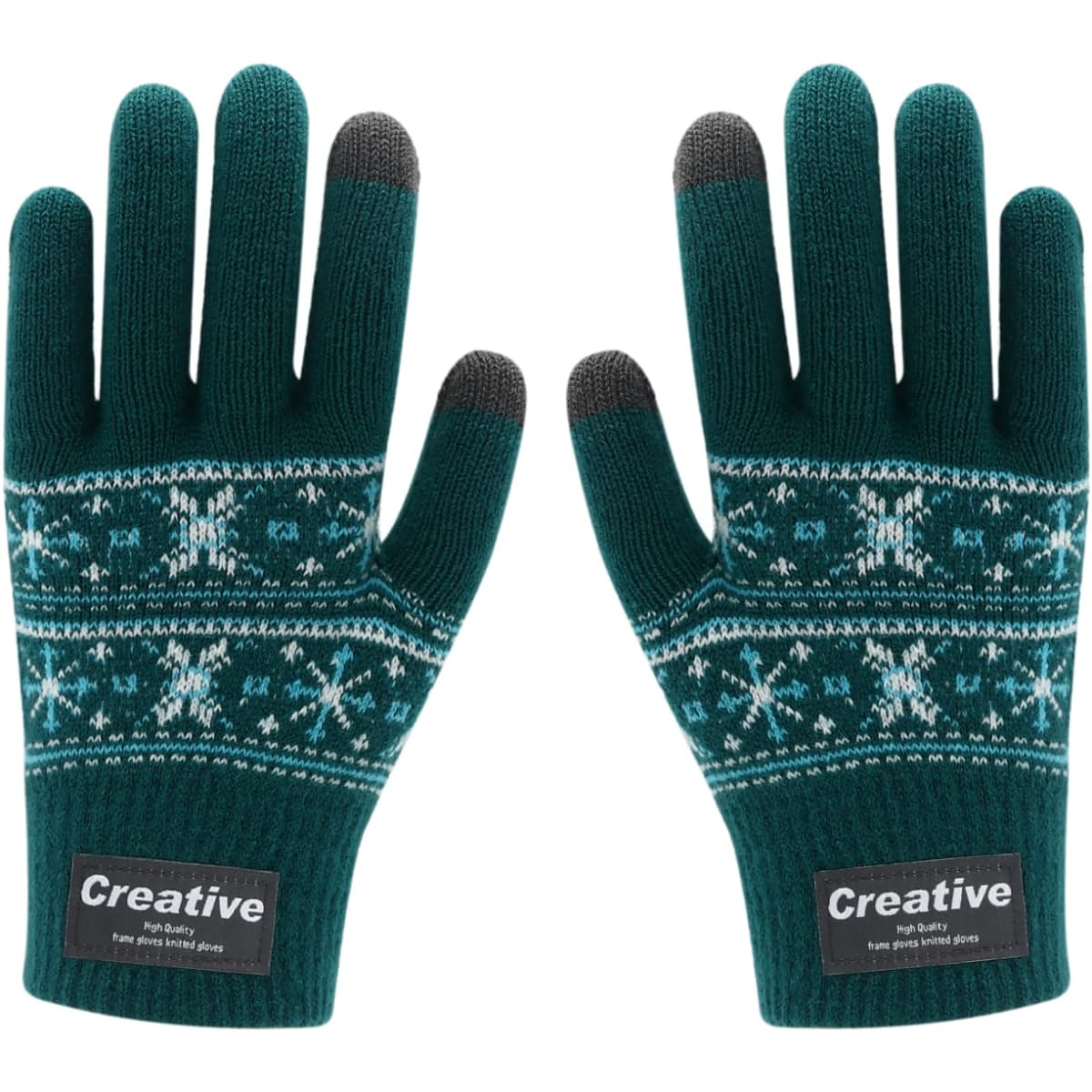 Green jacquard gloves with a snowflake pattern and touch-screen friendly fingertips. Features a branding logo.