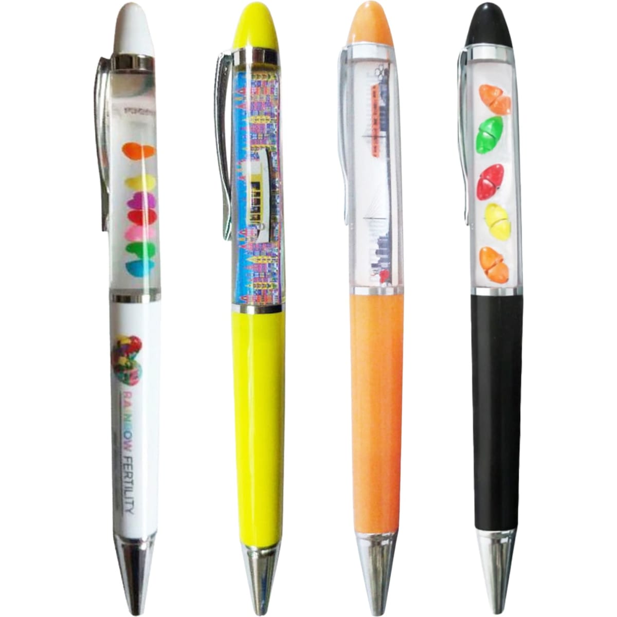 A collection of four floating pens in white, yellow, orange, and black, featuring various colourful designs inside.