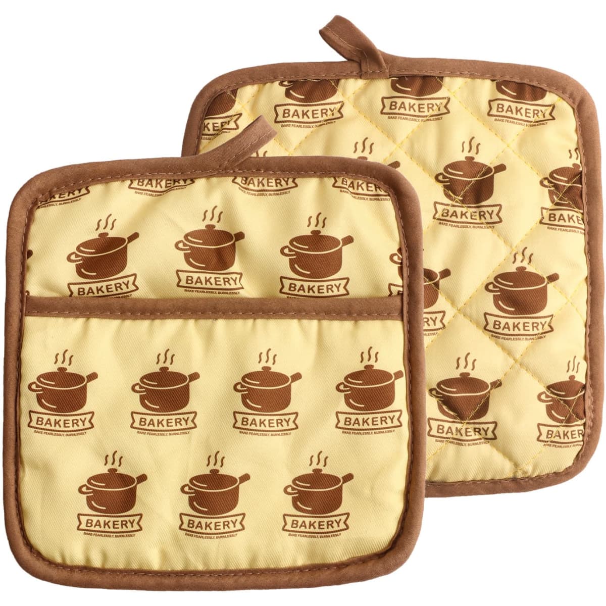 A pair of large quilted pot holders in yellow with brown bakery-themed prints and a branding logo.