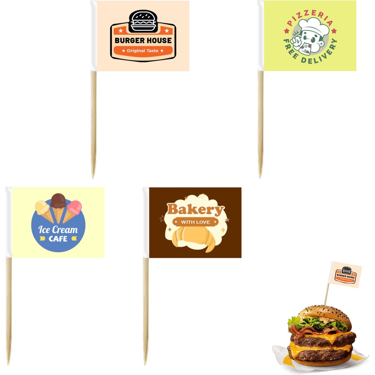 A pack of 100 paper flags featuring various designs in colours like yellow, orange, and brown, with branding elements.