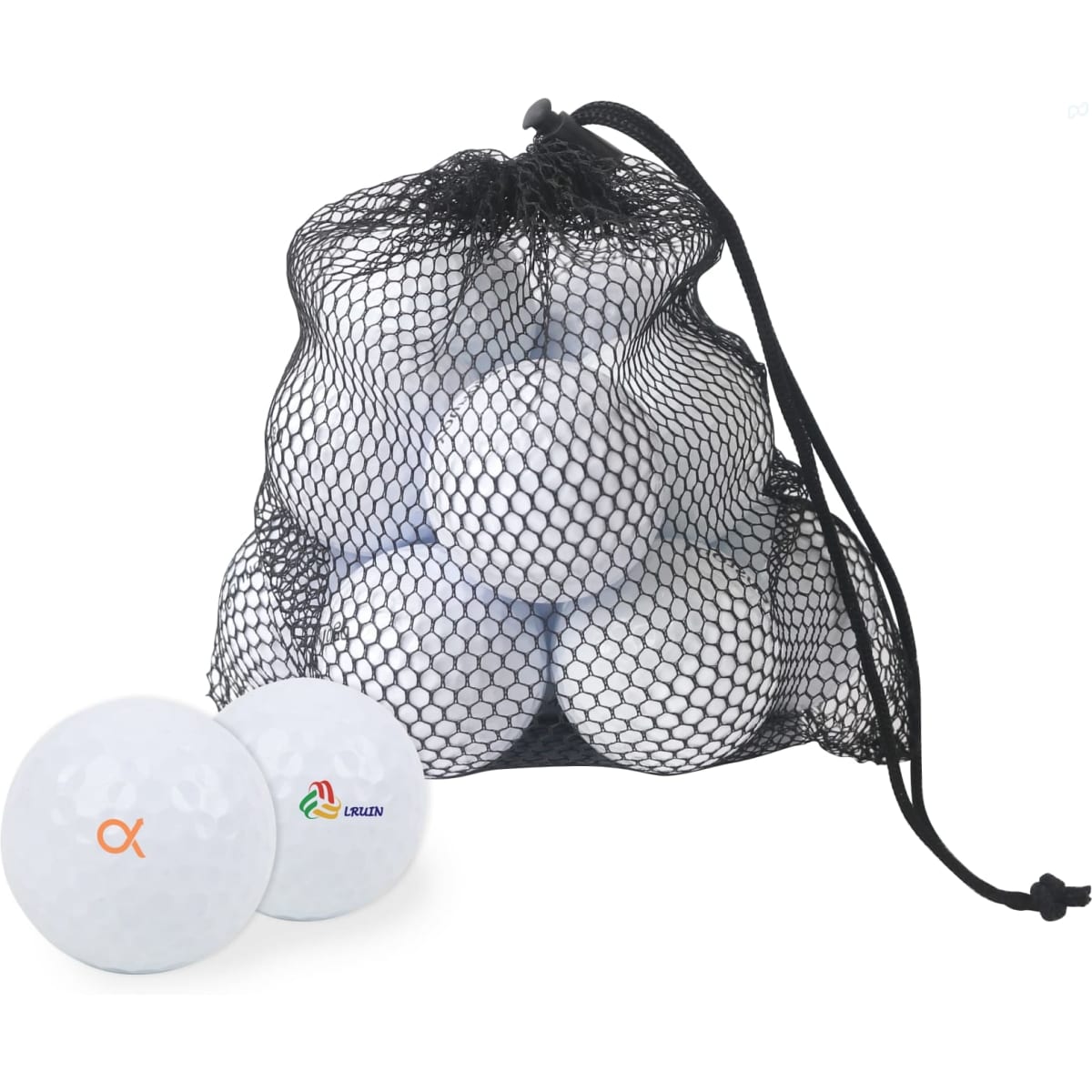 A mesh bag containing 12 white golf balls, featuring different logos on two visible balls.