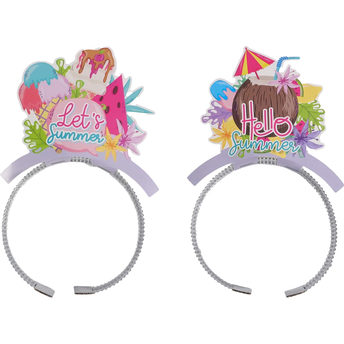 A Foil Topper Headband featuring colourful summer-themed designs, including fruits and fun icons. It has a flexible band.