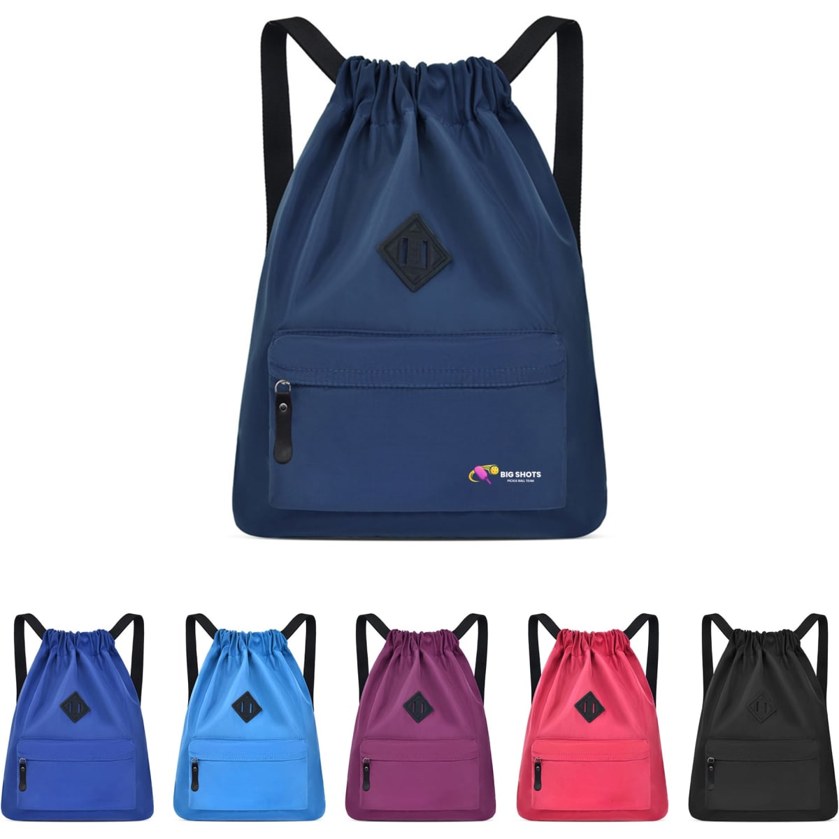 A lightweight drawstring backpack in navy with a logo, featuring additional colours: light blue, purple, pink, and black.