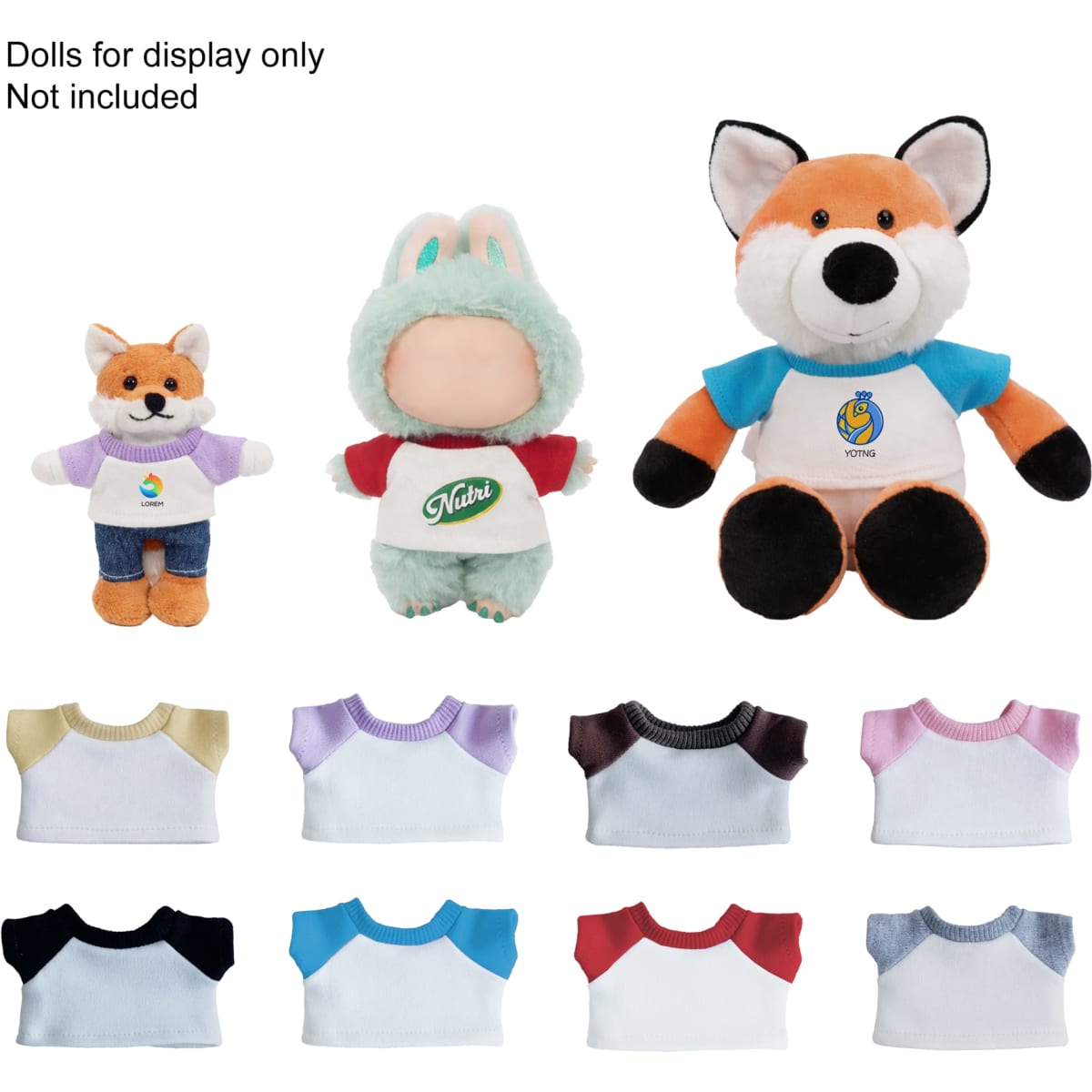 A collection of colourful raglan t-shirts in various pastel shades, displayed with plush dolls. Some shirts feature different collar colours.