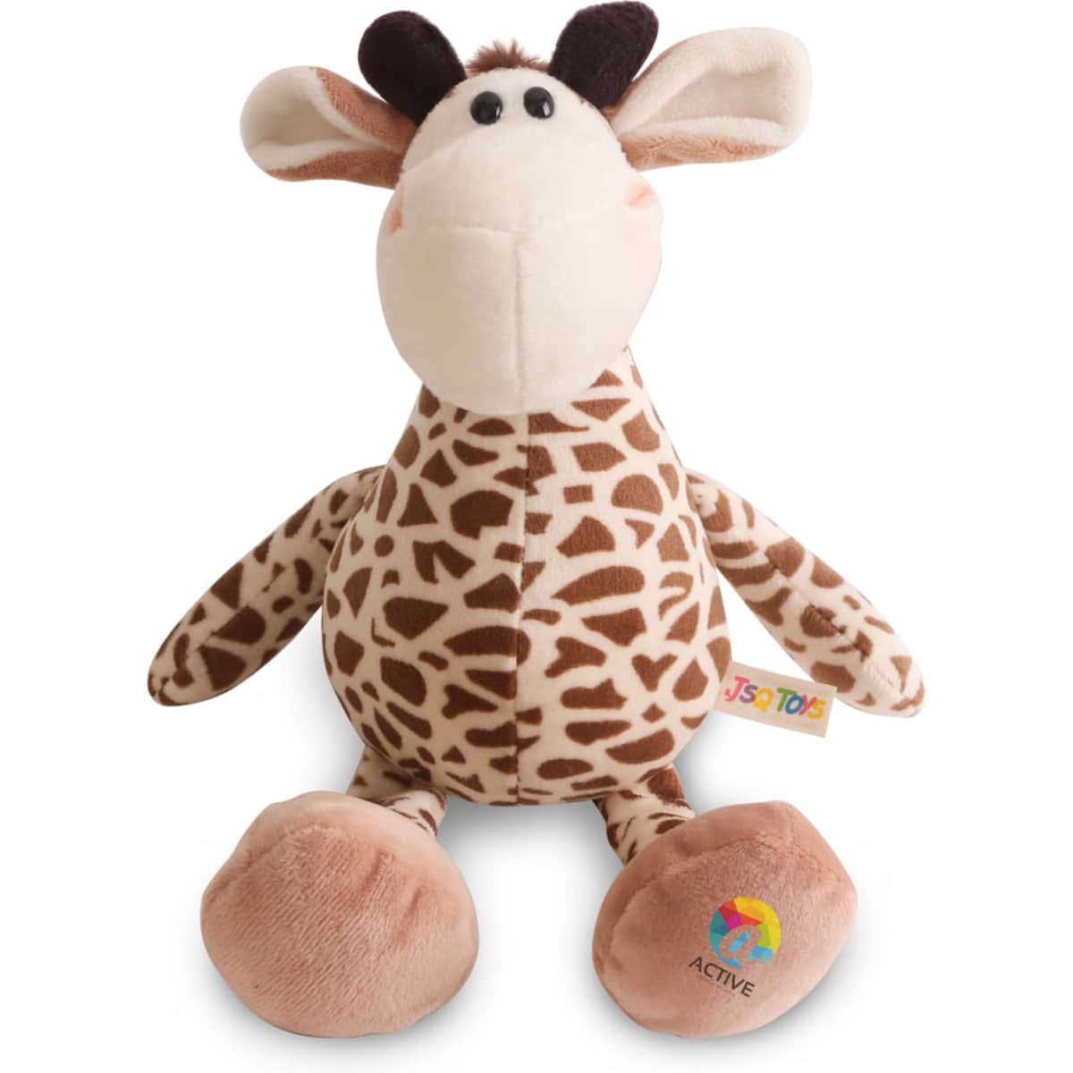 A plush giraffe toy in brown and cream, featuring large ears and a friendly expression, with a small brand tag.
