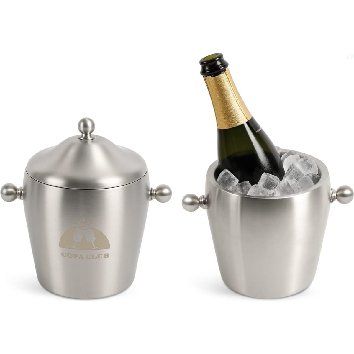 A stainless steel ice bucket with a polished finish, featuring a lid and a champagne bottle surrounded by ice.