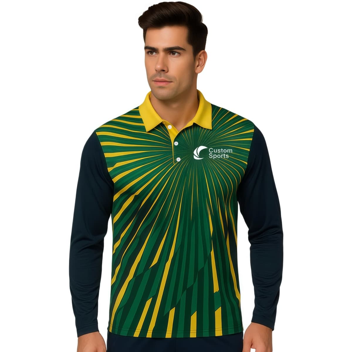 A long-sleeve polo shirt featuring a green and yellow design, with a navy blue base and a logo on the front.
