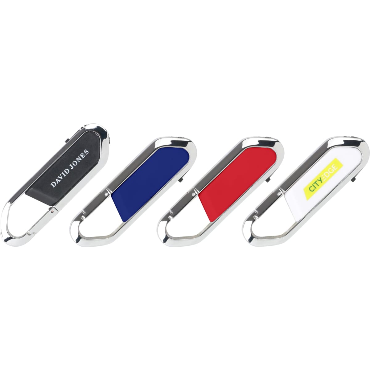 A set of four mini carabiner flash drives in black, blue, red, and white with silver accents and logos.