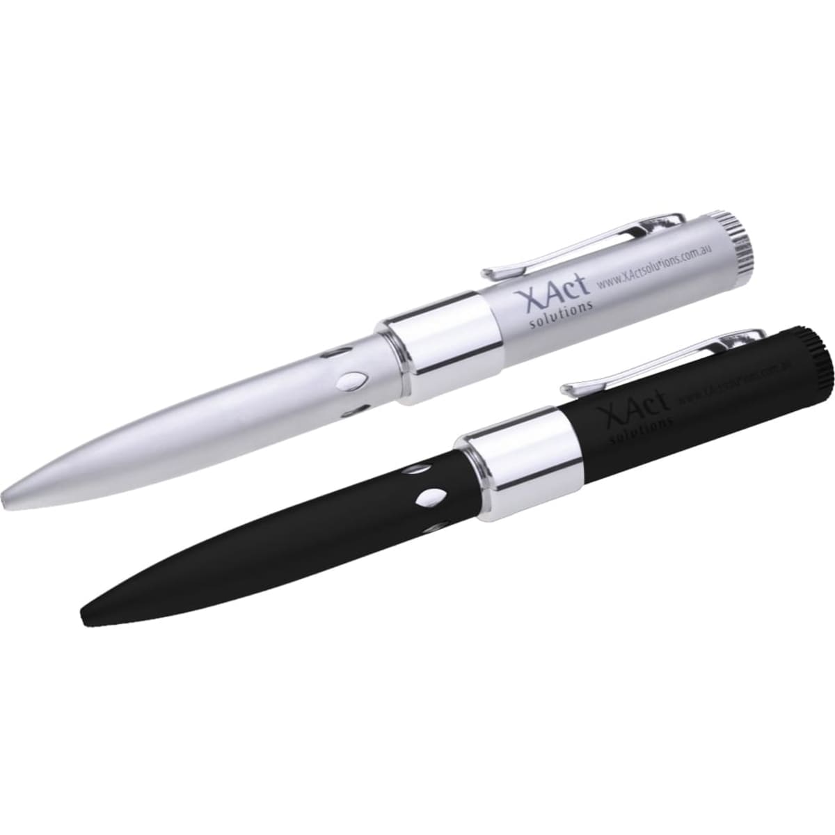 A flash drive pen set in silver and black, featuring a sleek design and a branding logo on each pen.