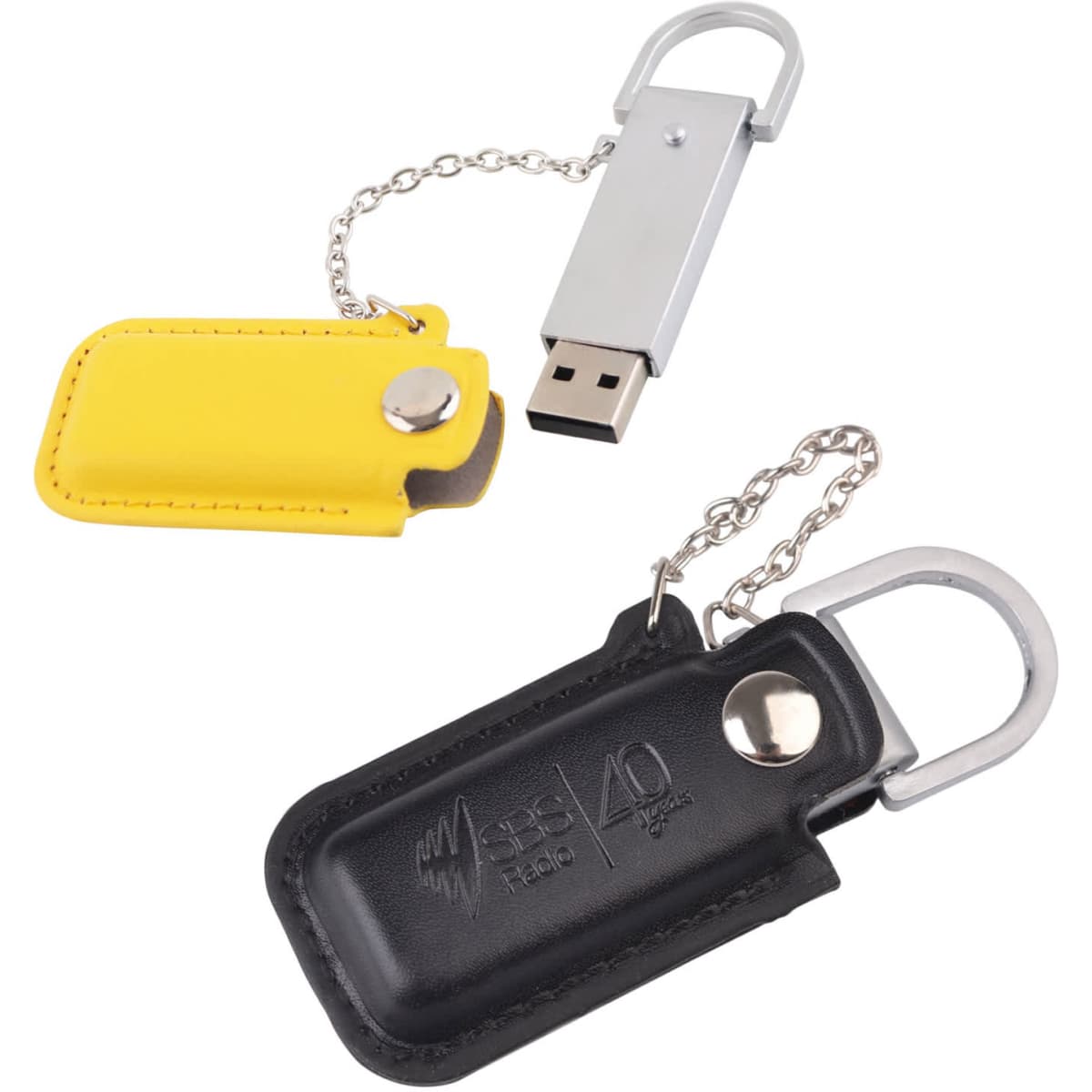 A leather pouch flash drive in black and yellow, featuring a silver chain and a metal clip.