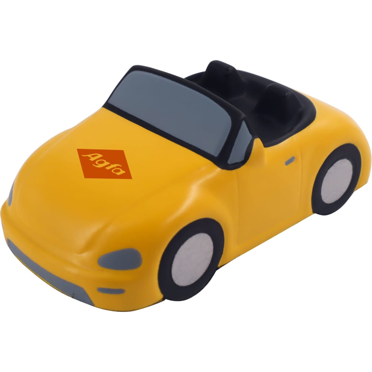 A yellow sports car shape stress reliever with a logo on the hood and black interior details.