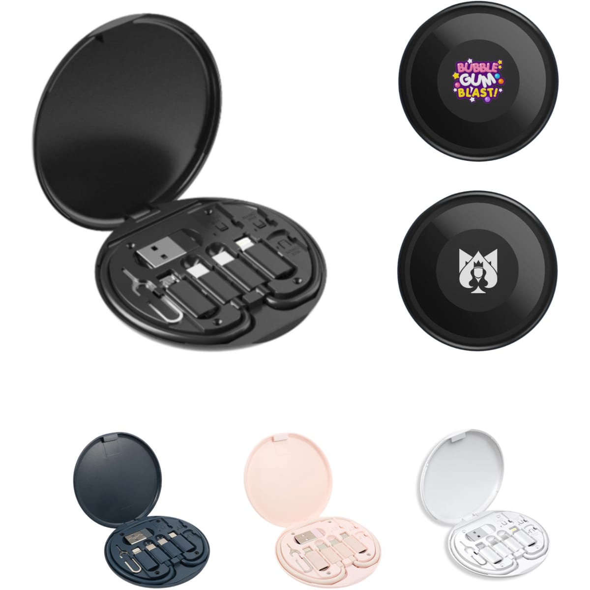 A circular cable kit in black, featuring various charging cables inside a compact case, with additional colour options visible.