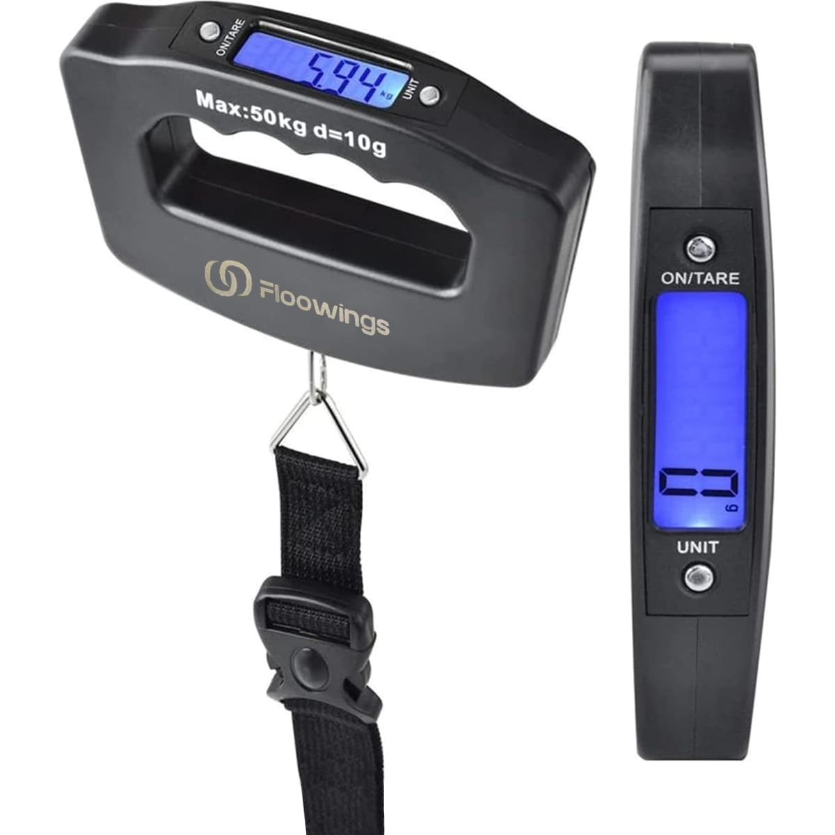 A black digital luggage scale with a handle and display, showing readings in kilograms and grams.