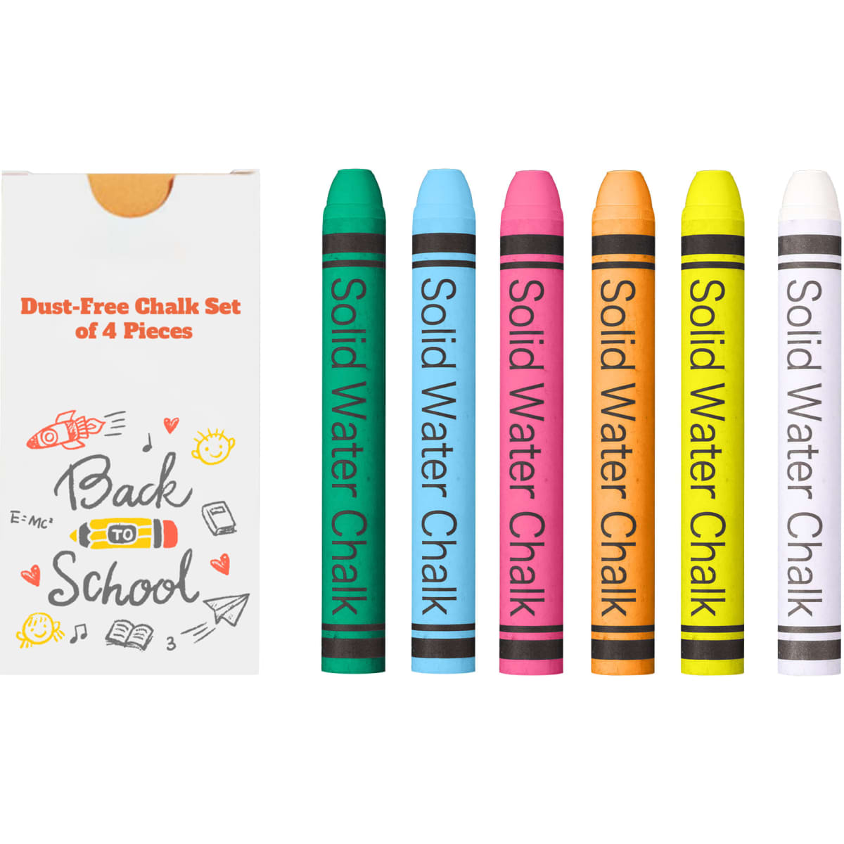A chalk set featuring four sticks in pink, yellow, white, and orange, packaged in a box with a logo.