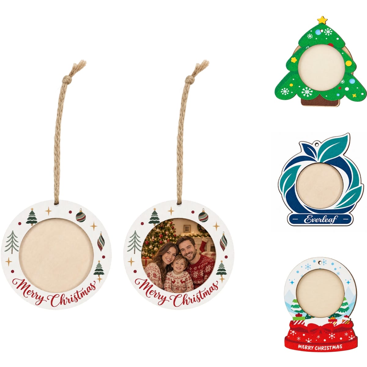A collection of custom-shaped wooden ornaments in various designs, featuring Christmas themes and placeholders for photos.