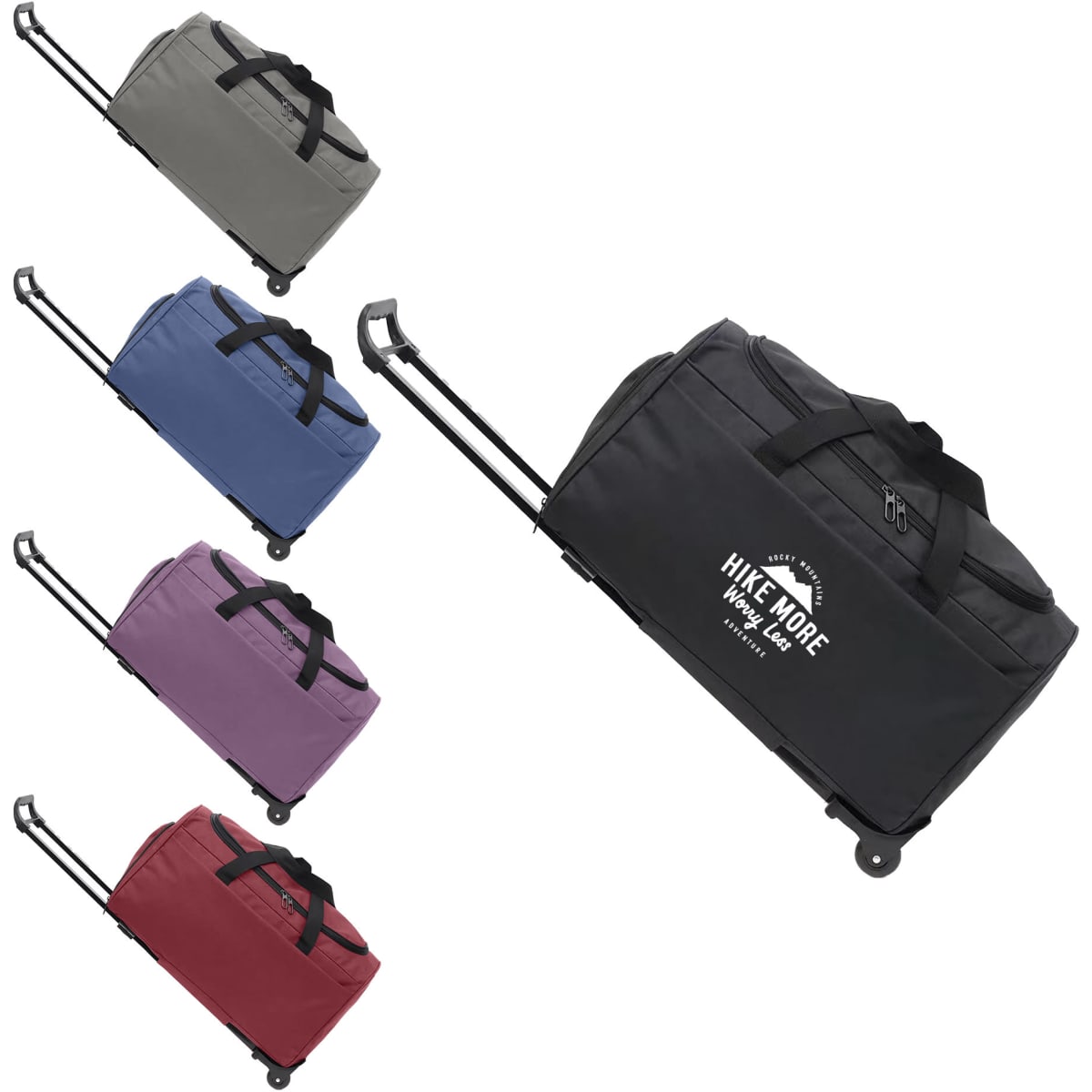 A wheeled duffel bag in grey, blue, purple, red, and black, featuring a logo on the side.