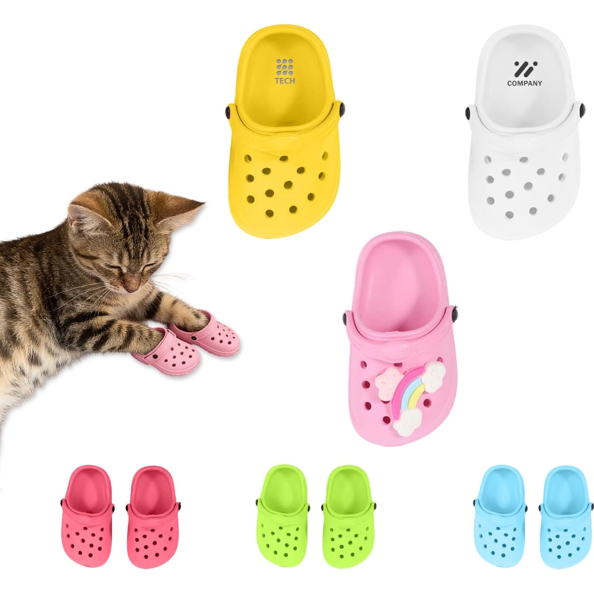 A collection of pet clog slides in yellow, white, pink with a unicorn design, and green, alongside a cat.