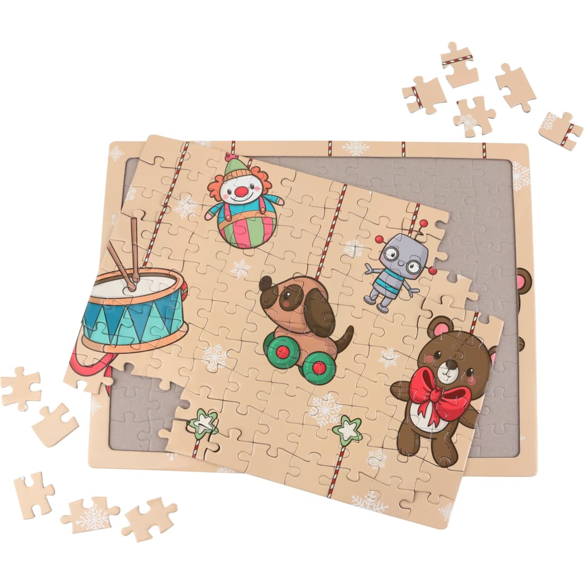 A custom jigsaw puzzle featuring colourful cartoon characters and festive elements, with pieces scattered around.