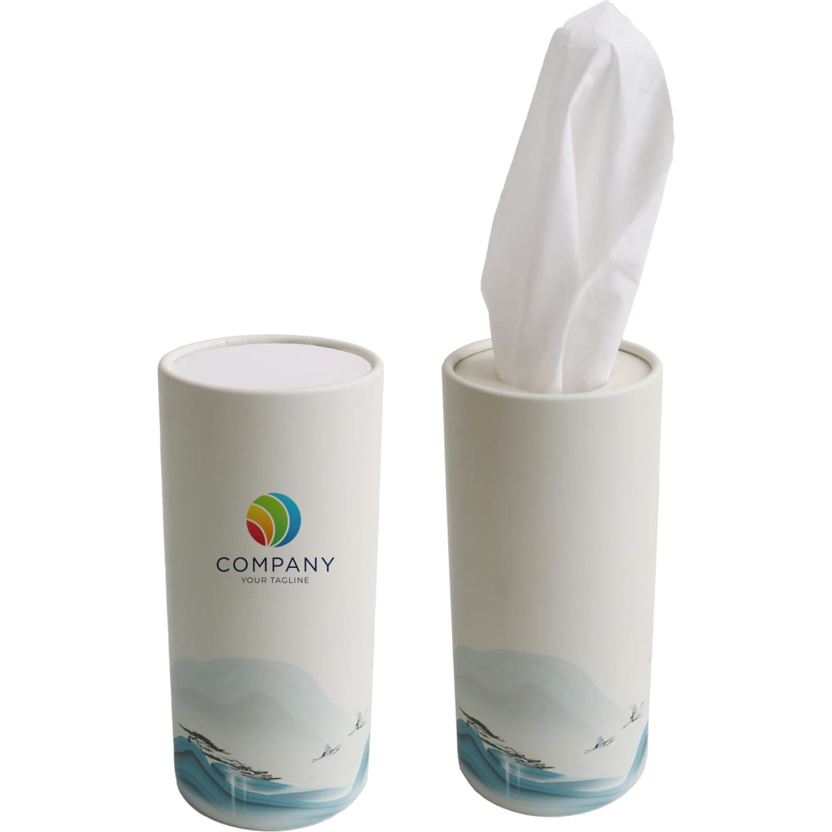 A cylindrical tissue dispenser in white with a scenic design and a logo on the front, holding a tissue.