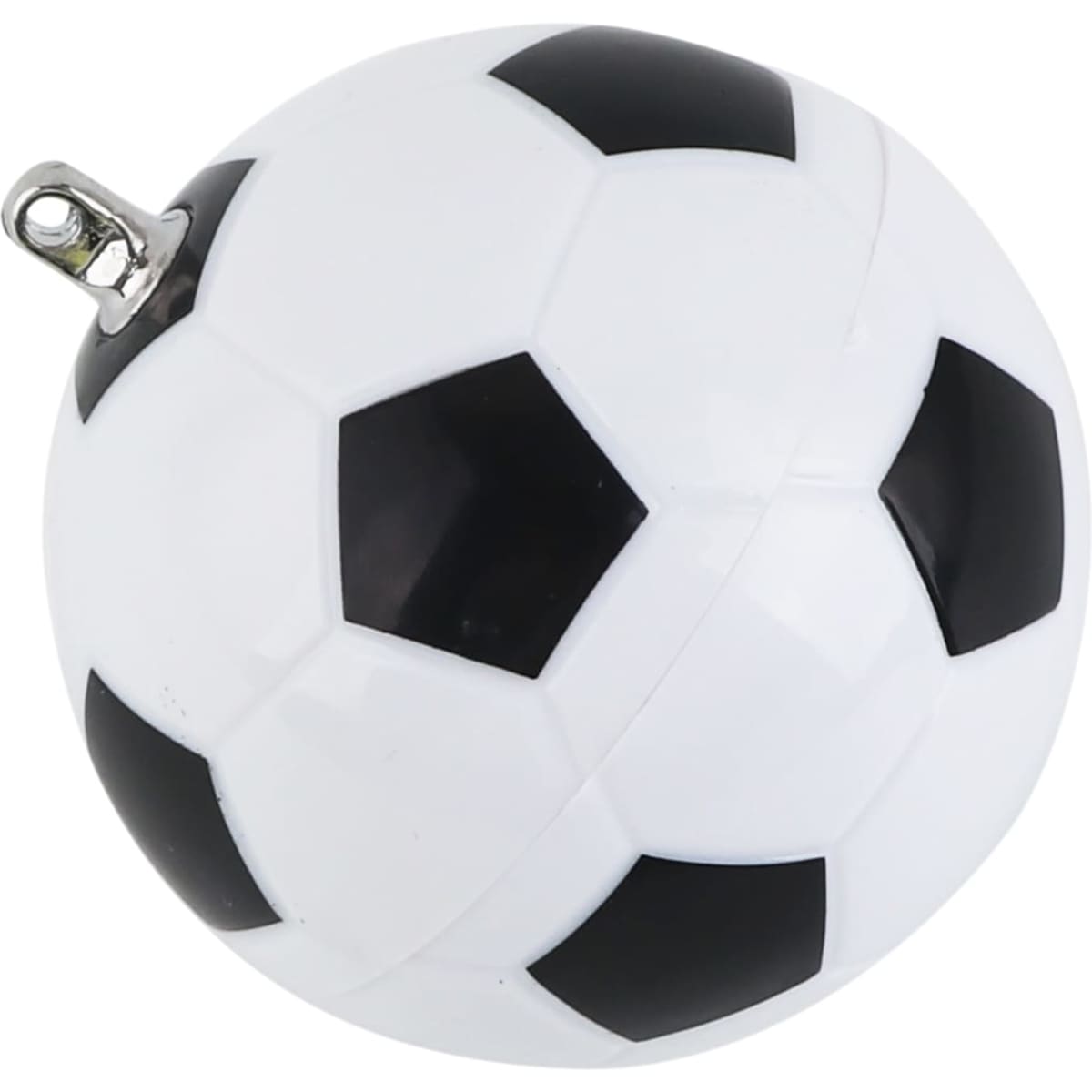 A soccer ball-shaped flash drive in white with black detailing and a silver attachment. It features a logo.
