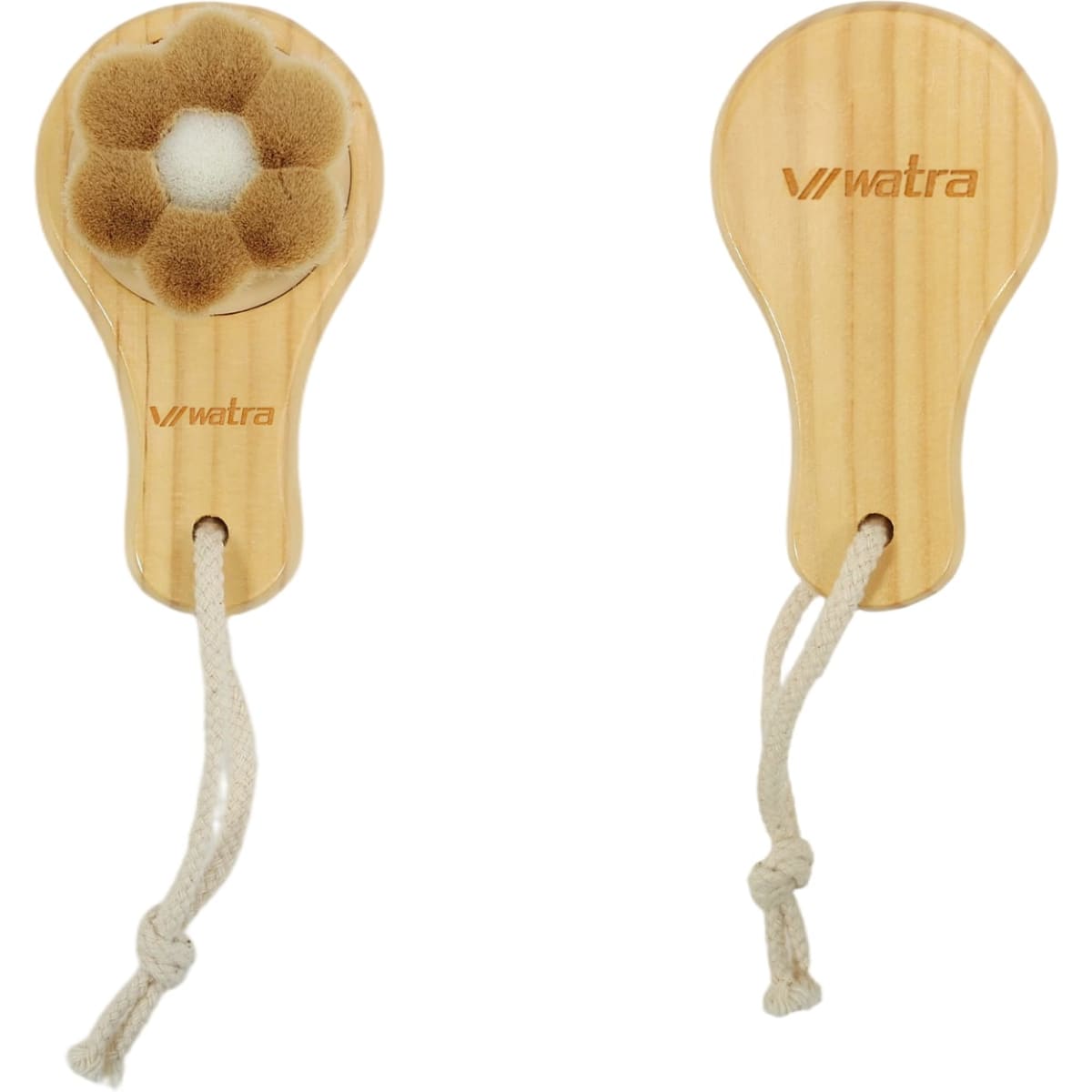 A flower-shaped facial cleansing brush with a wooden handle, featuring a soft bristle head. It has a logo and a hanging cord.