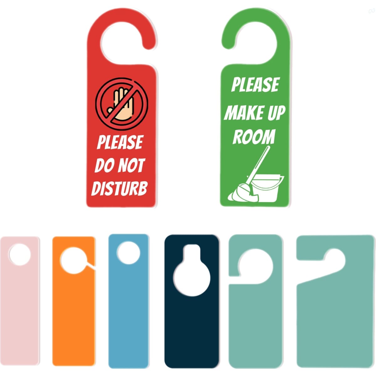 A collection of custom shape acrylic door hangers in various colours, featuring different designs and a logo.