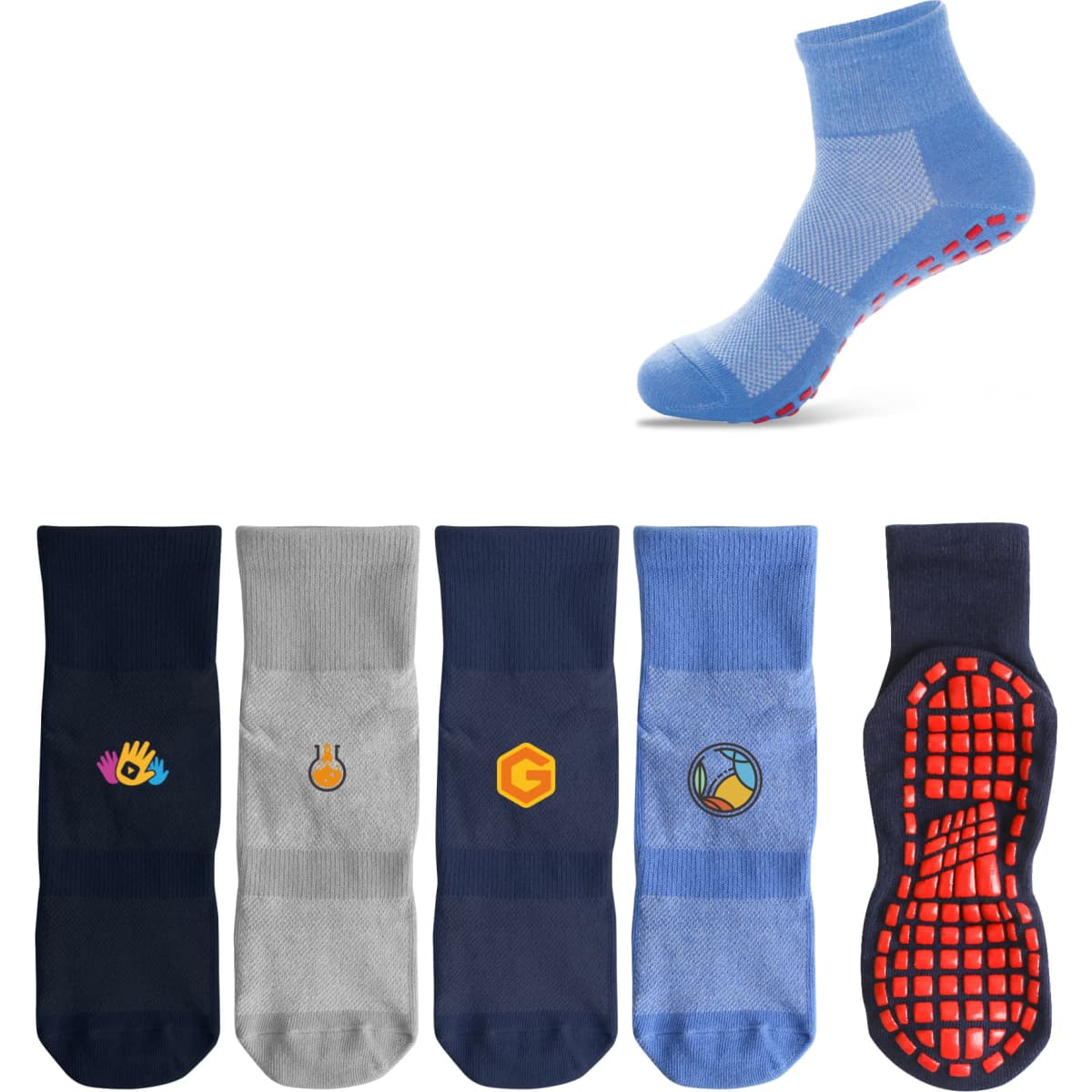 A collection of crew gripper socks in various shades of blue, grey, and navy, featuring subtle designs and a textured sole.