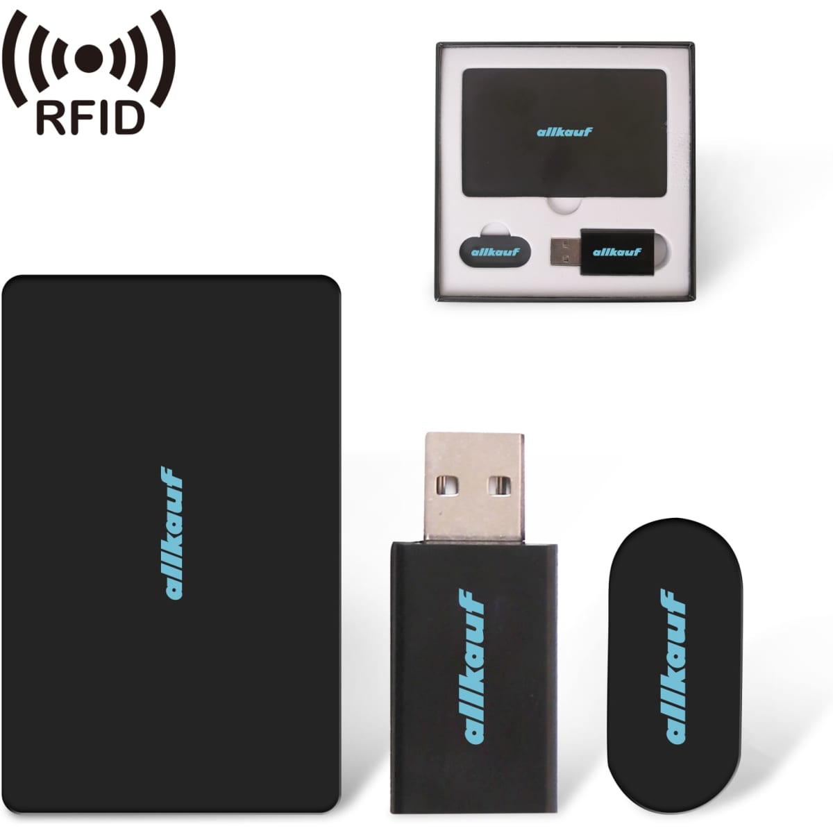 A black RFID promo set featuring a USB stick, a card, and two RFID tags, all in a compact packaging.
