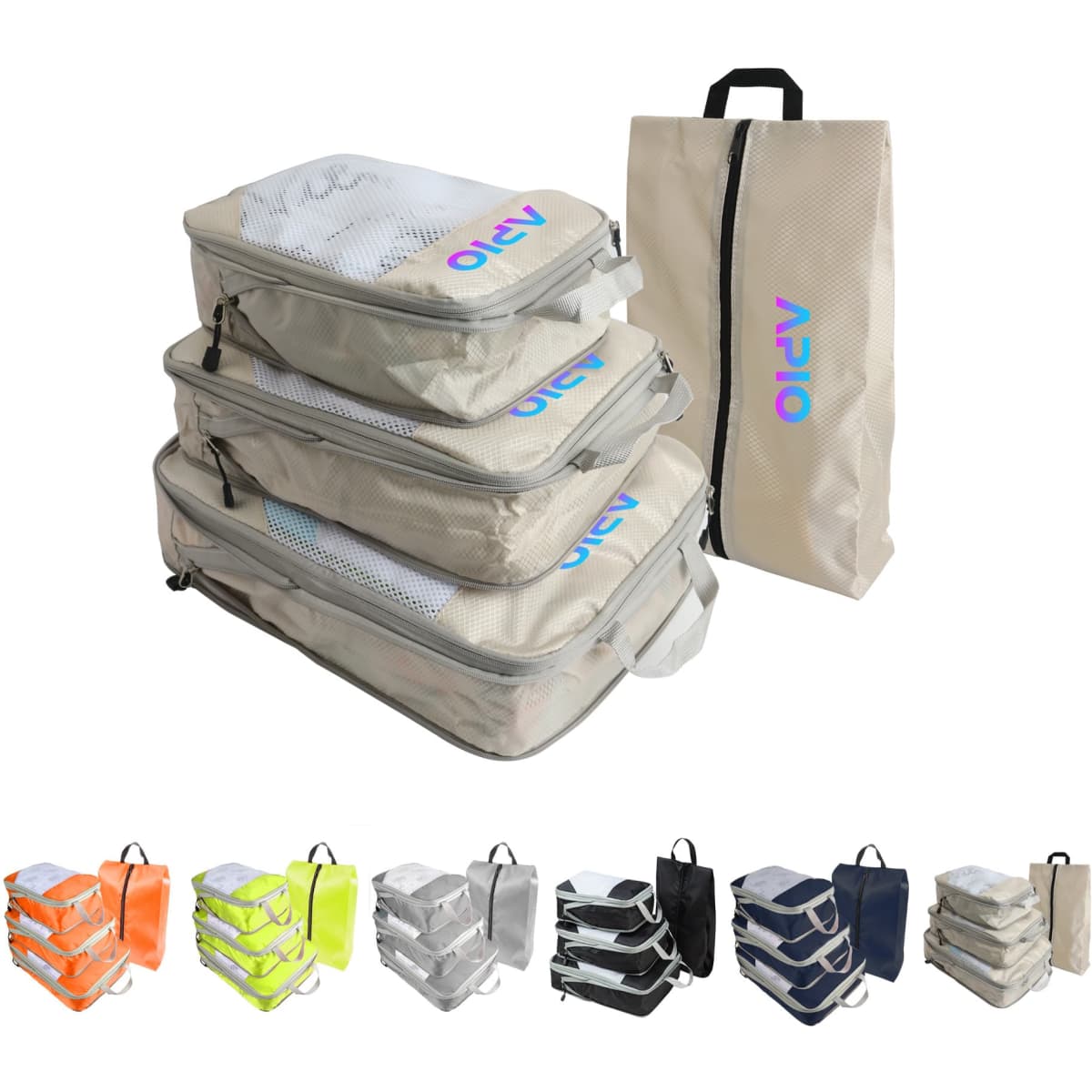 A set of travel packing cubes in various colours, including grey, orange, yellow, and black, with a branded carry pouch.