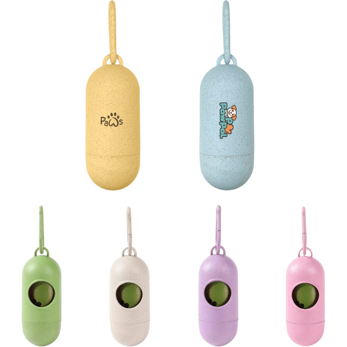 An eco-friendly pet wastebag dispenser is displayed in yellow, blue, green, and pink, featuring a logo on some.