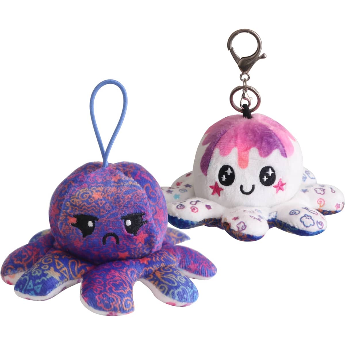 A small reversible octopus plush toy in vibrant blue and white, featuring a happy and an angry face, with a clip attachment.