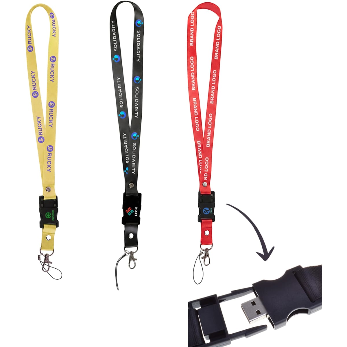 Three lanyard flash drives in yellow, black, and red, featuring clips and a USB connector. Each has a logo.