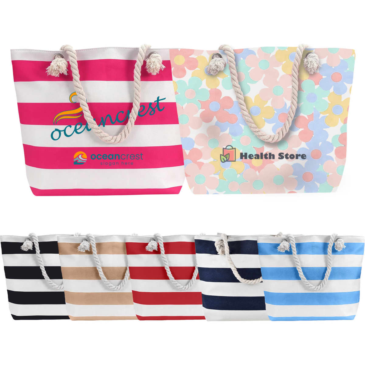 A tote bag with a rope handle, featuring pink and white stripes, along with a floral pattern in pastel colours.