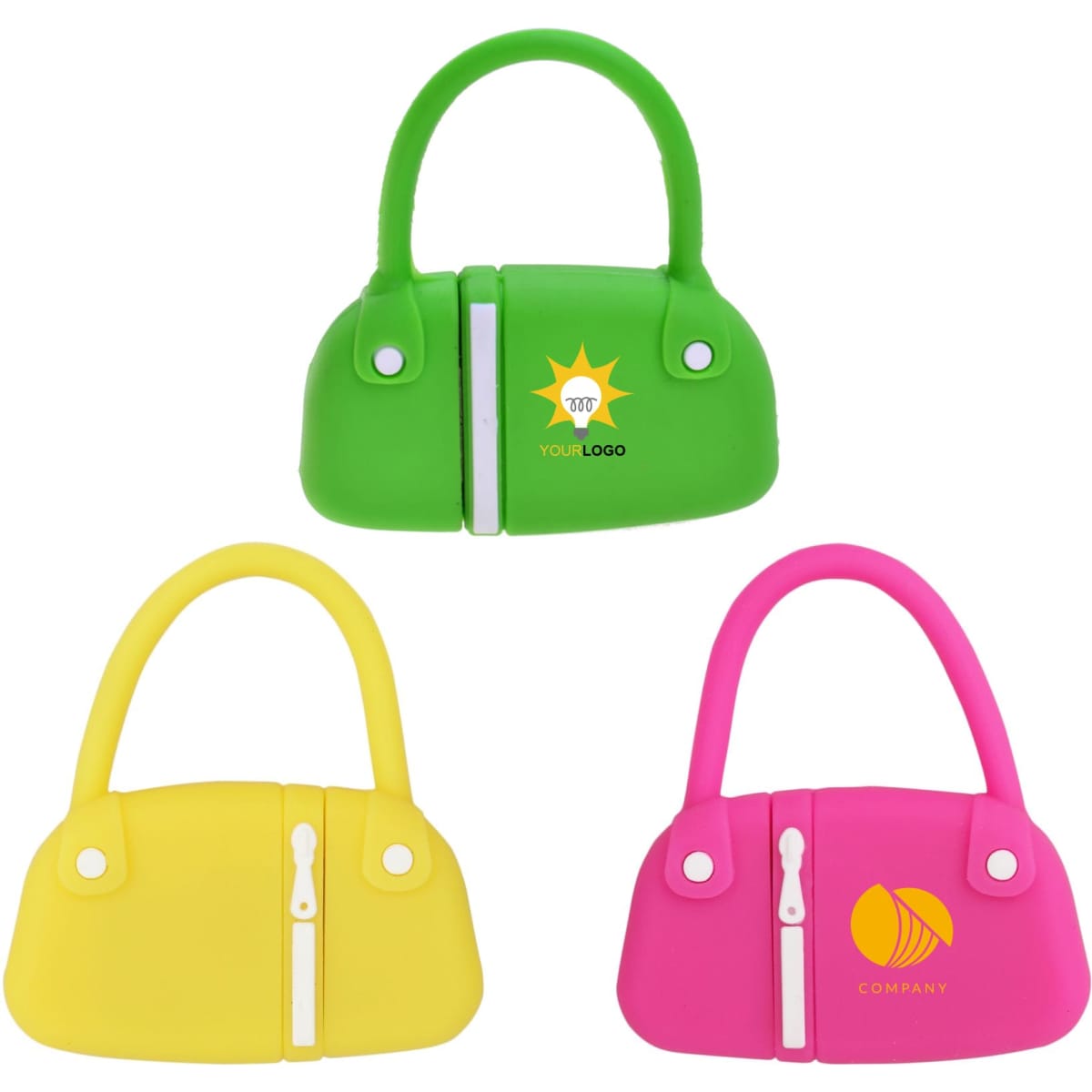 A set of three handbag-shaped flash drives in green, yellow, and pink, each featuring a logo.