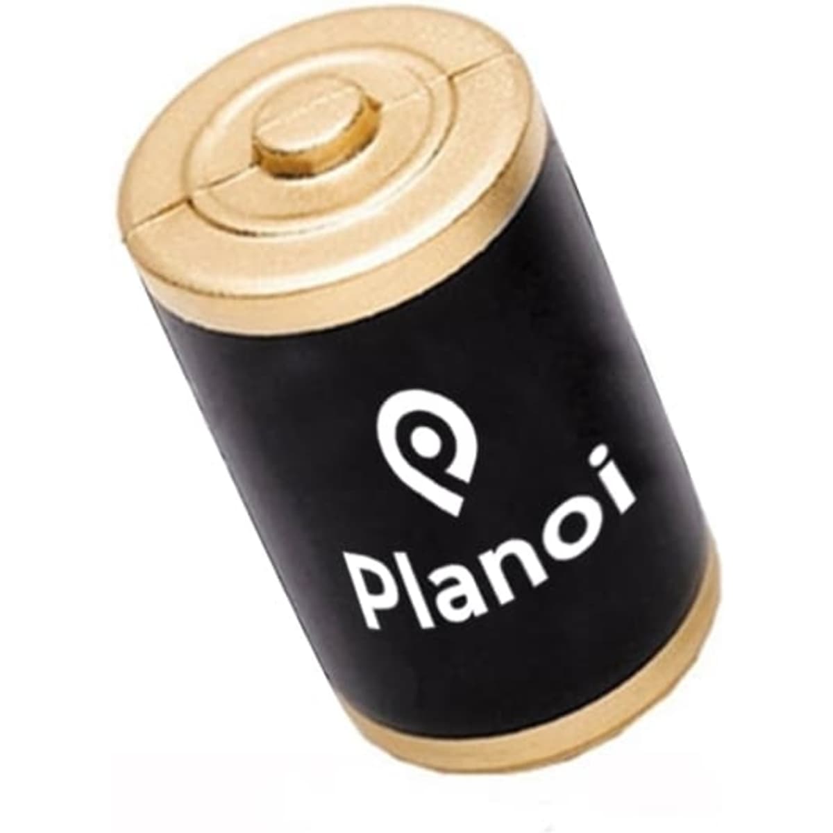 A black and gold battery-shaped stress reliever with a logo on the side.