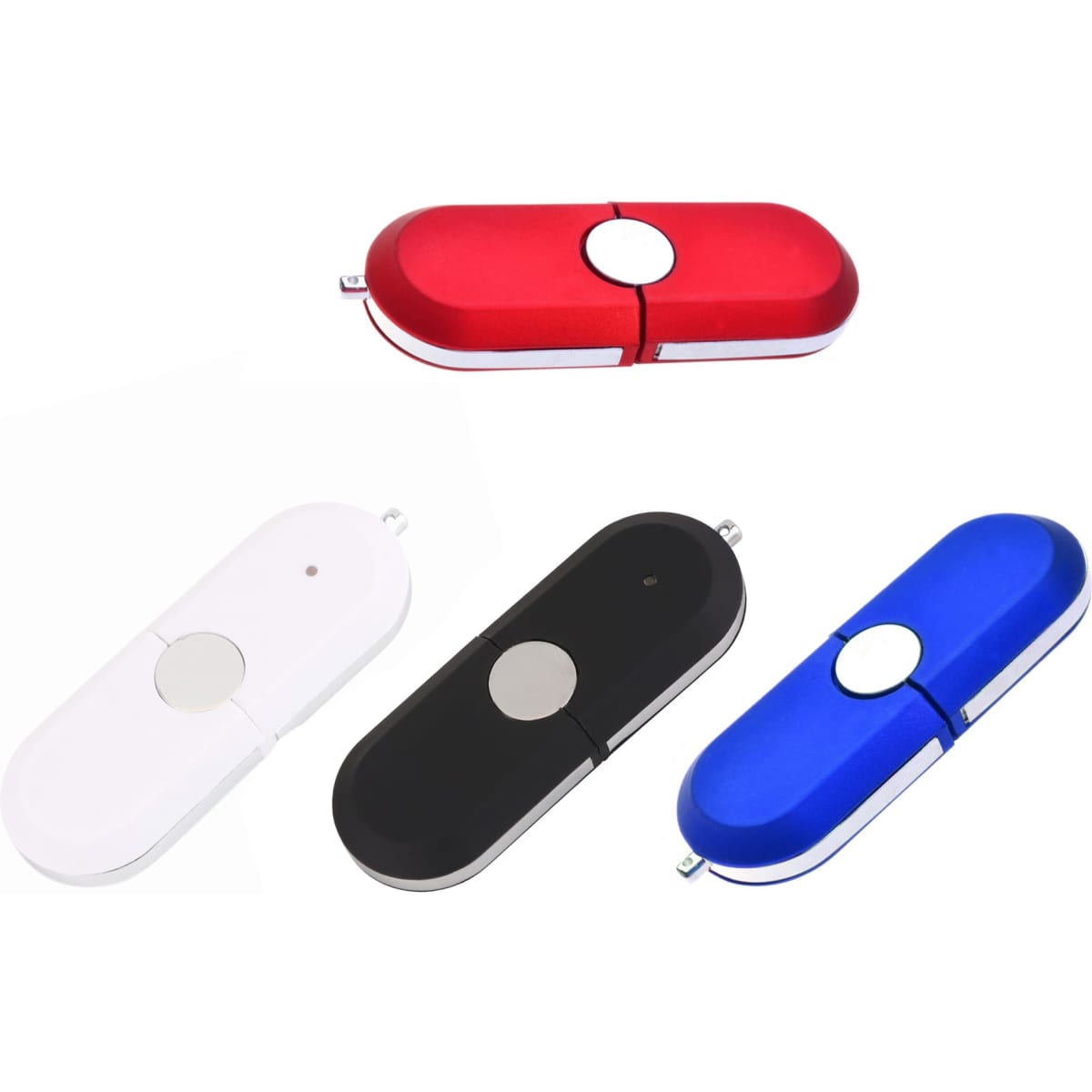 A collection of Tauris Flash Drives in red, white, black, and blue, featuring a sleek design and a branded logo.