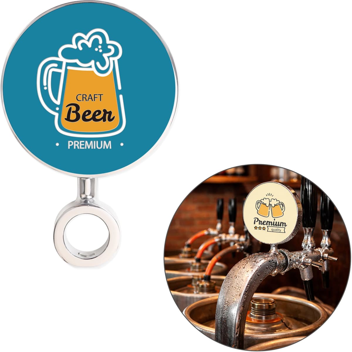 A circular beer tap badge featuring a stylised beer mug design in blue and white, attached to a silver fixture.