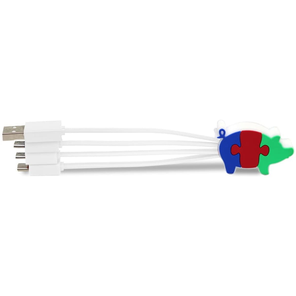 A custom PVC charging cable in white, featuring a colourful puzzle piece design and three connectors.