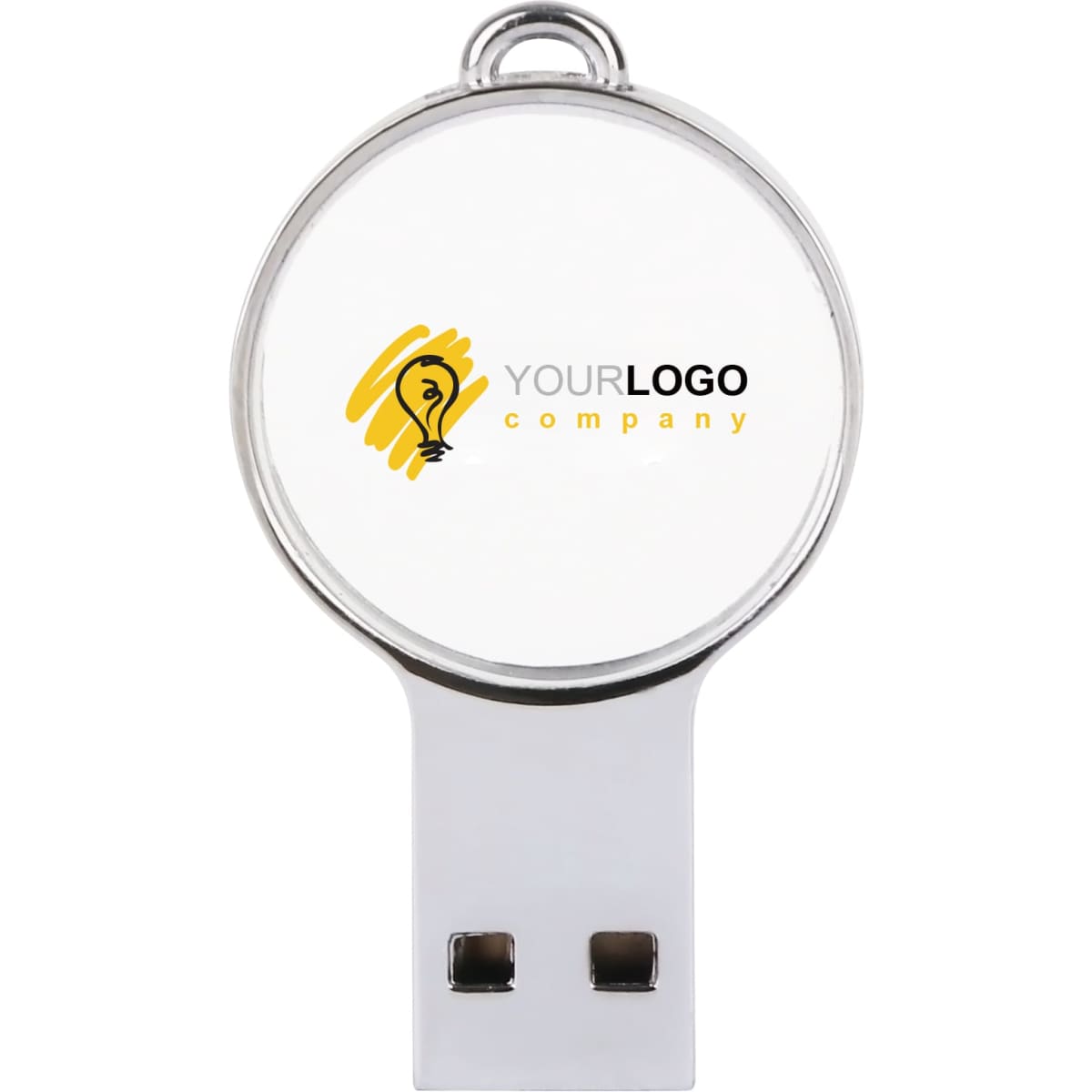 A mini round crystal flash drive in silver and white, featuring a logo on its surface.