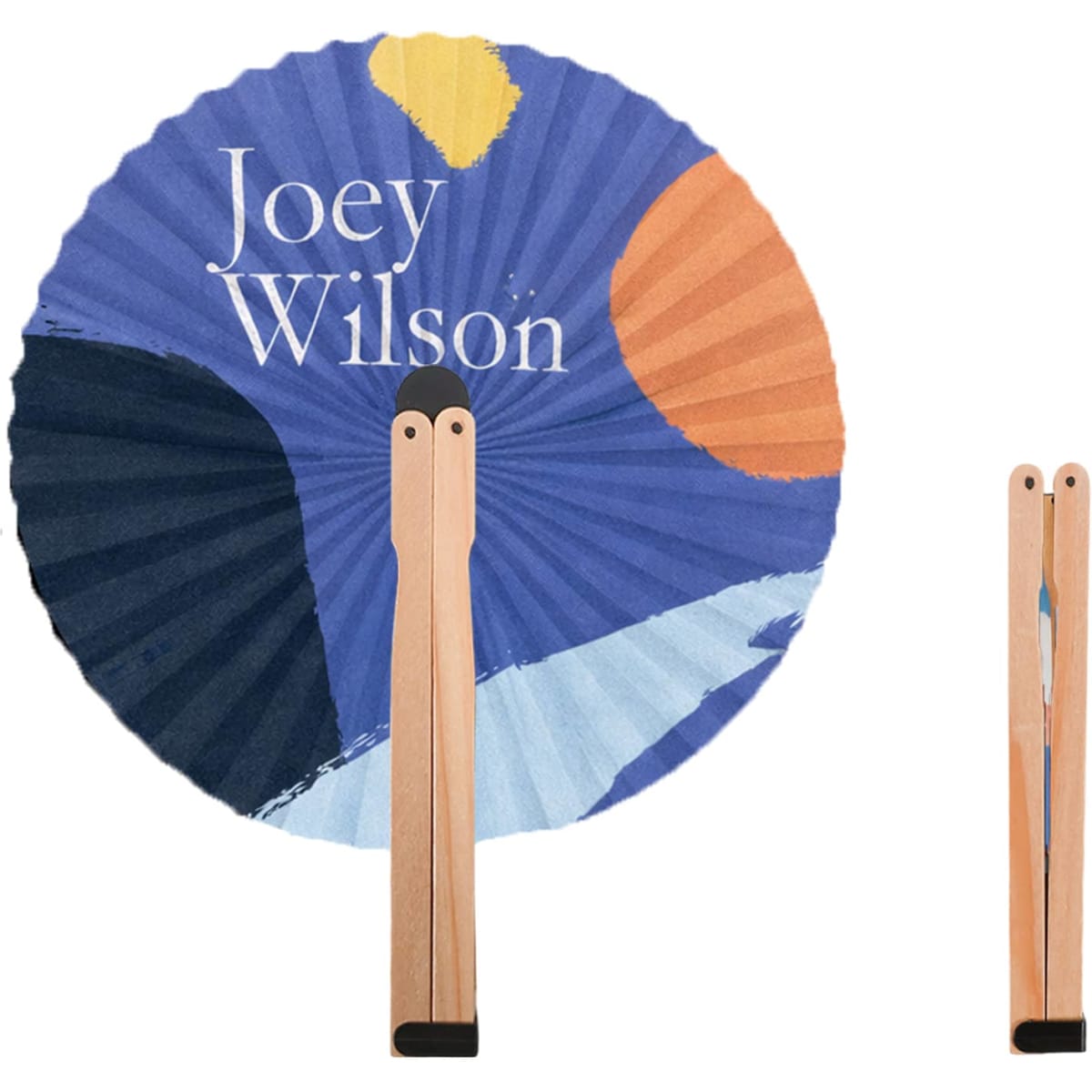 A round wooden paper fan featuring a colourful abstract design with a wooden handle. It has a logo on the handle.