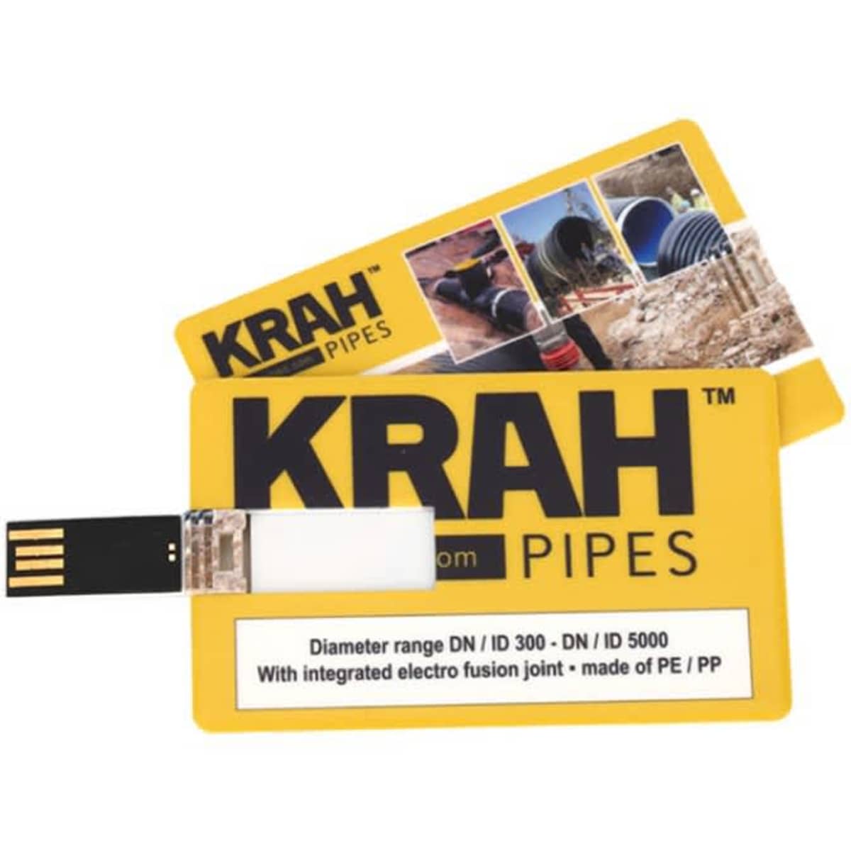 A yellow credit card-sized flash drive with a USB connector and a logo, featuring images related to pipes.