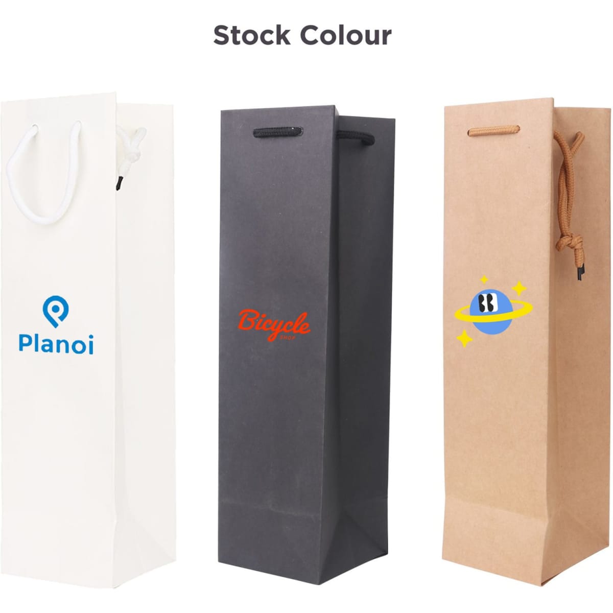A wine bottle paper bag in white, grey, and brown with handles; features various logos on each design.