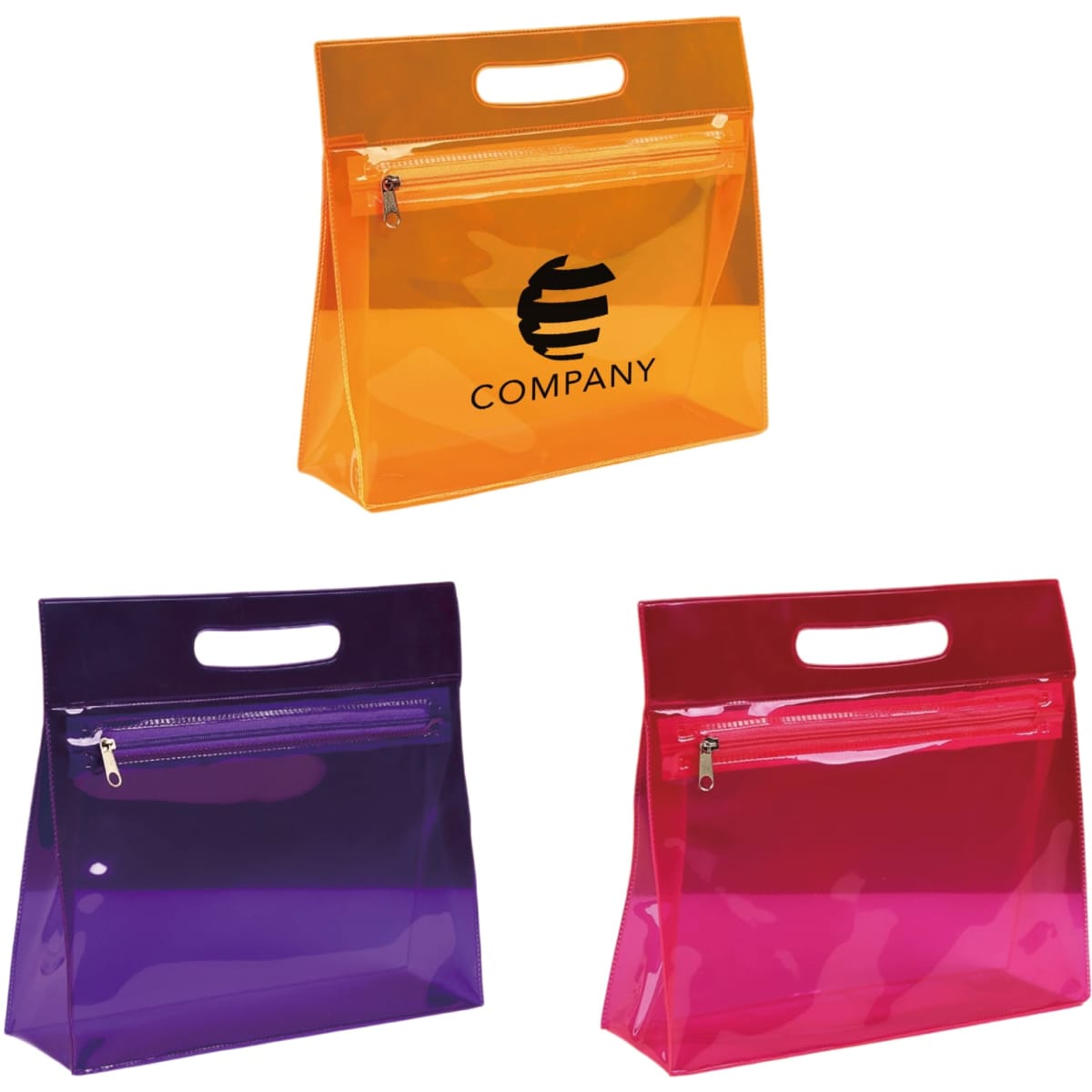A set of transparent cosmetic pouches in orange, purple, and red, each with a zip and handle. Each pouch features a logo.