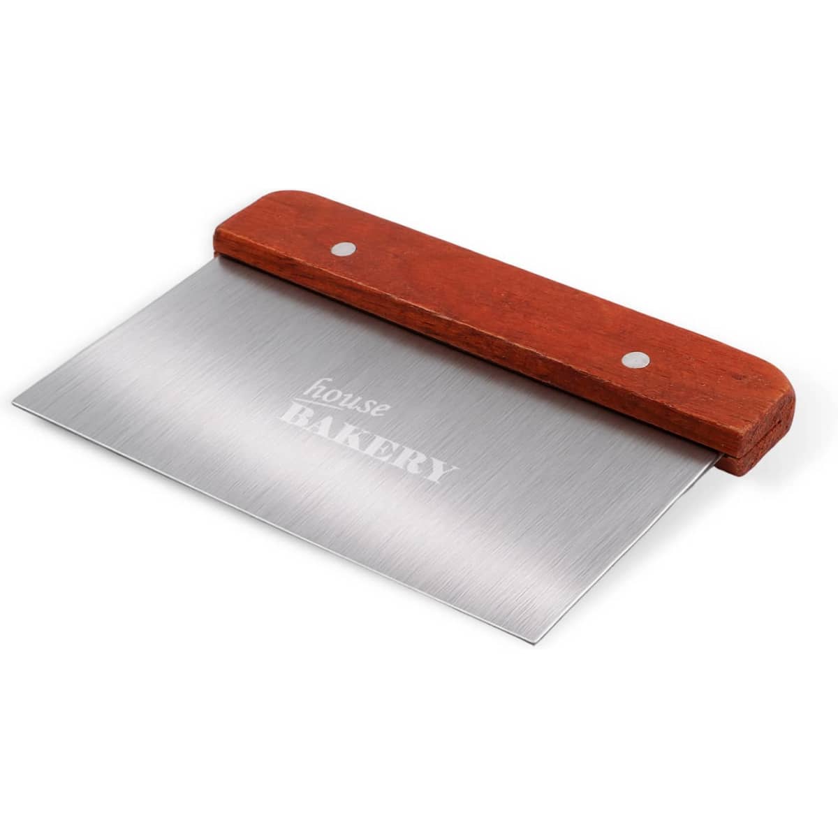 A stainless steel dough scraper with a brown wood handle, featuring a logo on the blade.