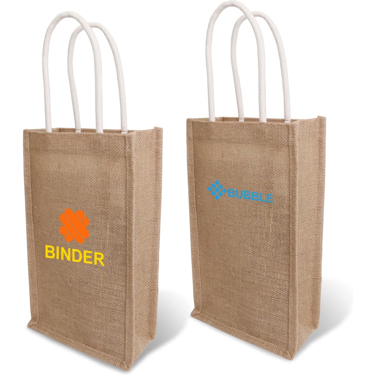 A jute double wine carrier in natural brown with two handles, featuring a logo on each side.