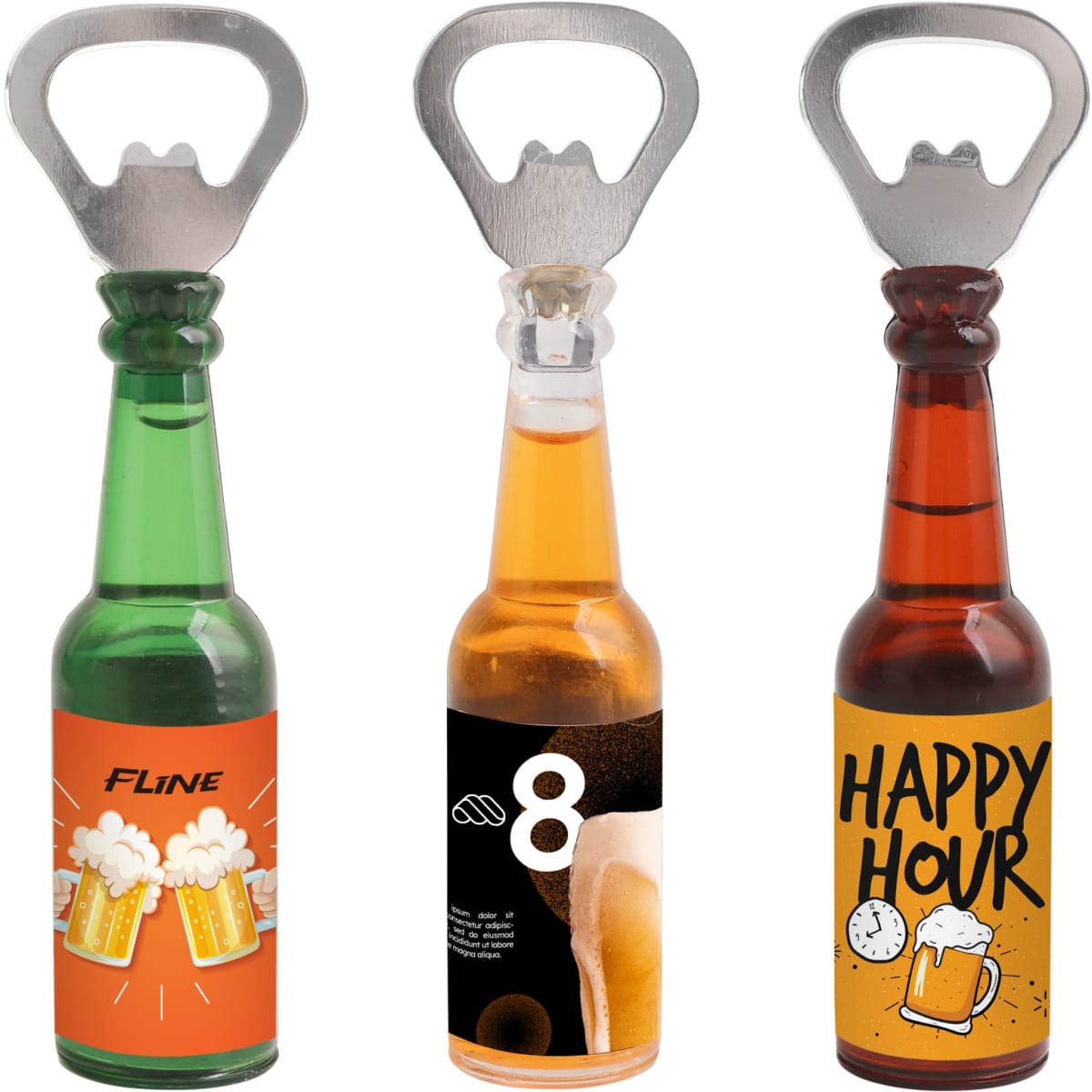 A drink bottle-shaped opener featuring green, amber, and brown designs, each with a bottle cap opener and a logo.
