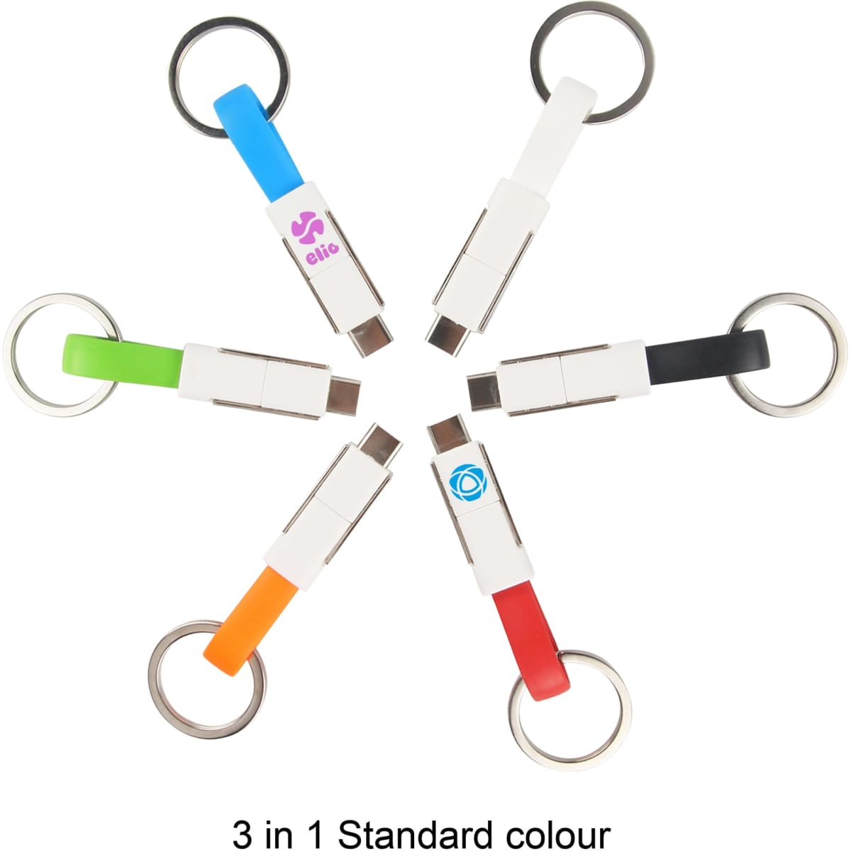 A collection of six magnetic charging cables in various colours attached to keyrings, each with a logo.